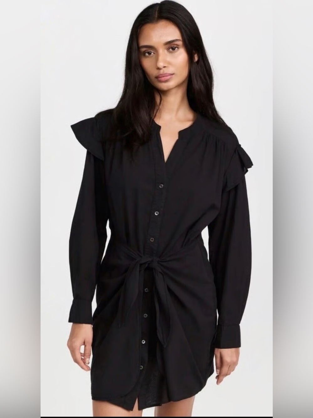 Xirena Suri Poplin Dress in Black Ruffled Shoulders Tie-Front Detail Size: Small
